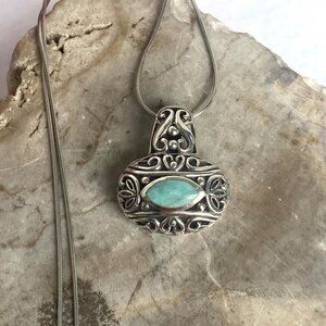 Sterling Silver 925 Chunky Bali Style Scrollwork Turquoise Pendant Necklace 18"